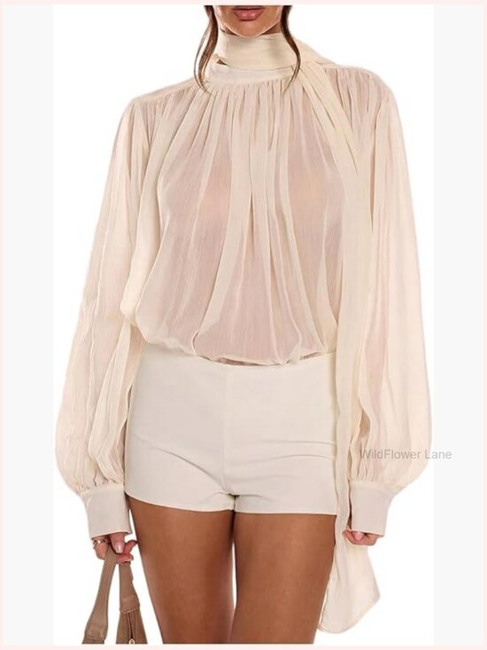 Tops - Women's Sheer Chiffon Blouse Lantern Long Sleeve Oversized Top with Scarf